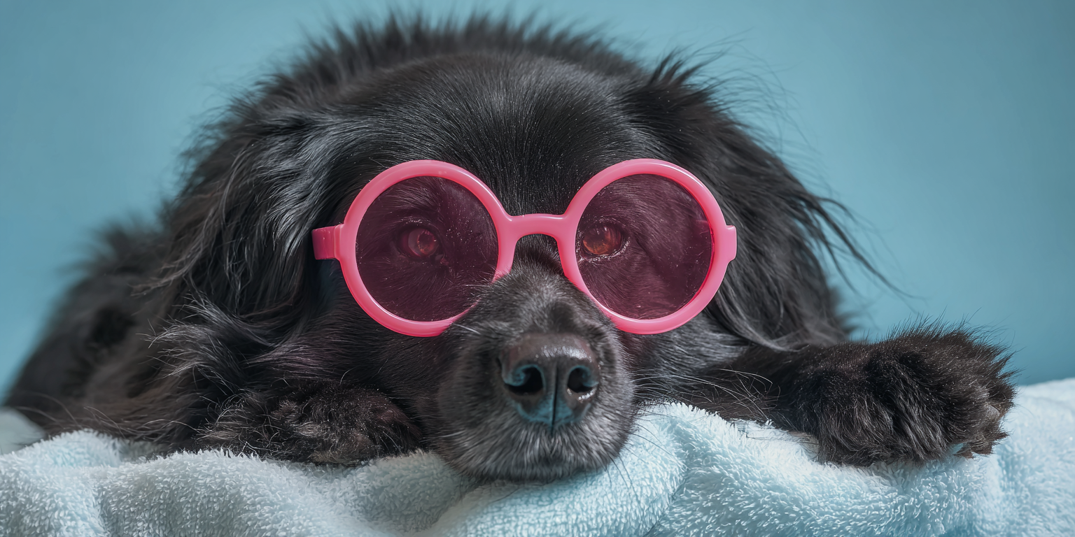 Small black fluffy dog wearing pink sunglasses lying on a soft towel with a blue background.
