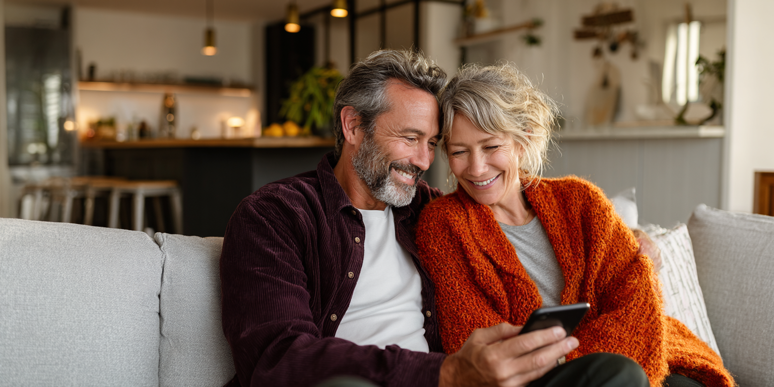 Smiling middle-aged couple using a smartphone at home, representing clients adapting to Making Tax Digital with support from a London accounting firm.