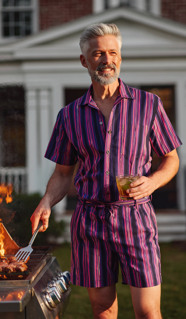 Stylish mature man grilling meat outdoors while wearing a colorful striped matching shirt and shorts, holding a drink and smiling.