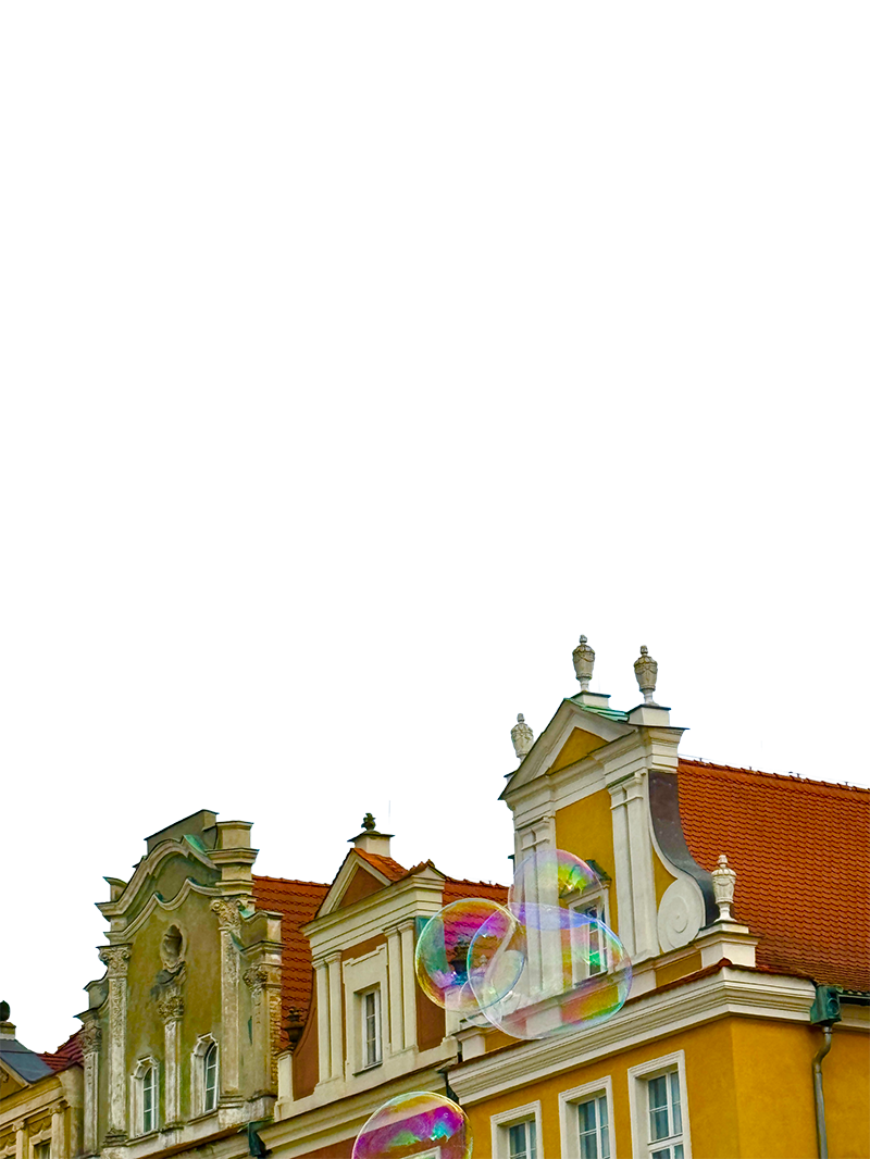 Soap bubbles in Old Market Place in the center and oldest part of Old Town of Poznan. Old Town Hall, merchants’ houses from the 16th century, and water fountains depicting Apollo, Neptune, and Mars are located in the square.