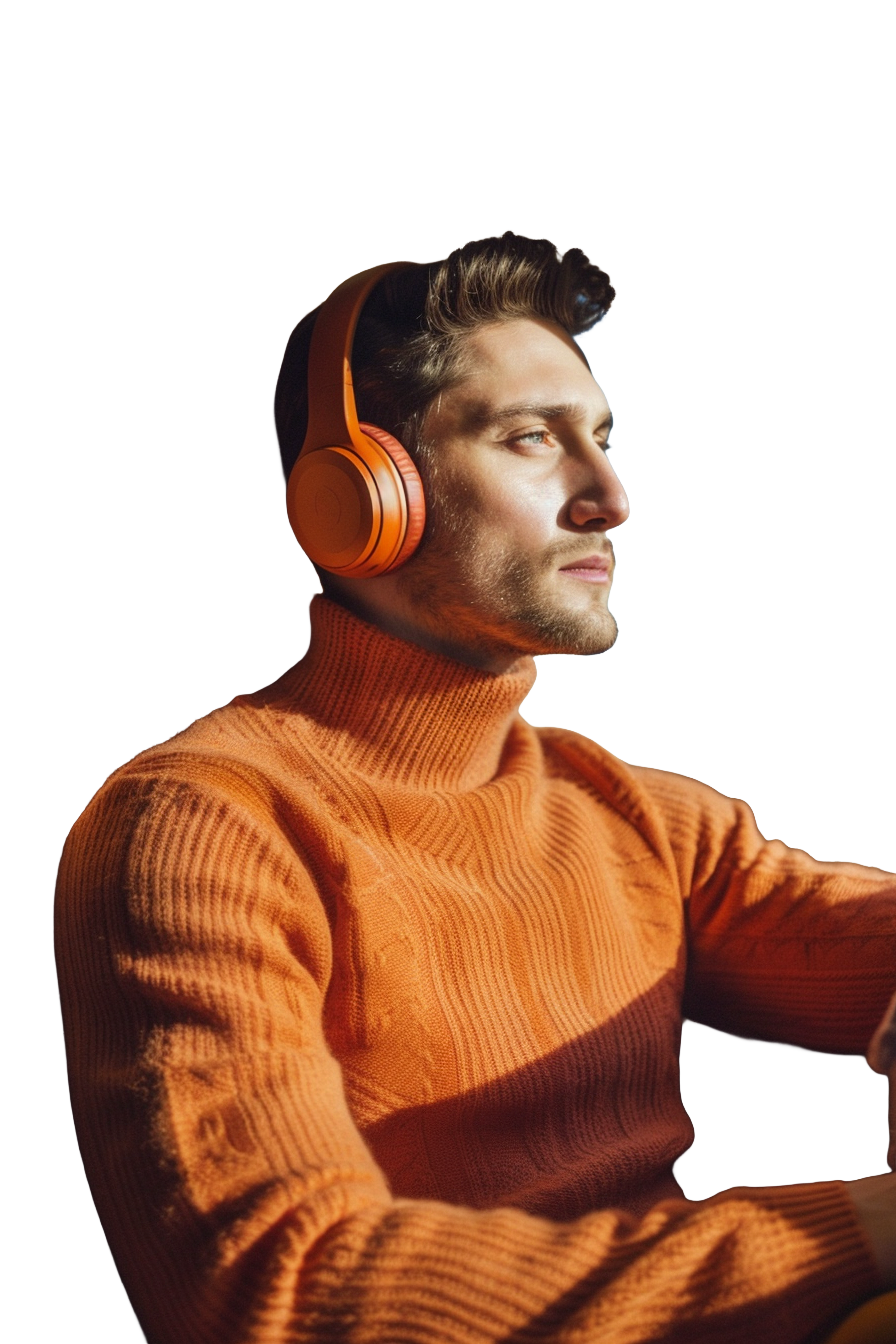 Person wearing orange over-ear headphones and an orange knitted jumper while seated, illustrating tax residency guidance for international travellers.