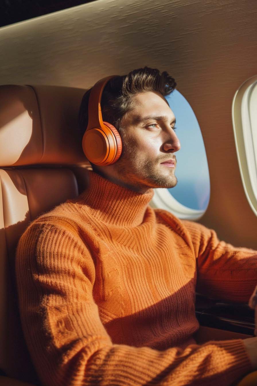 Person wearing orange over-ear headphones and an orange knitted jumper while seated, illustrating tax residency guidance for international travellers.